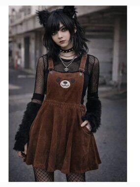 Hot Topic Teddy Bear Corduroy Overall Skirt Size Small Brown Grunge Emo Alt Girl